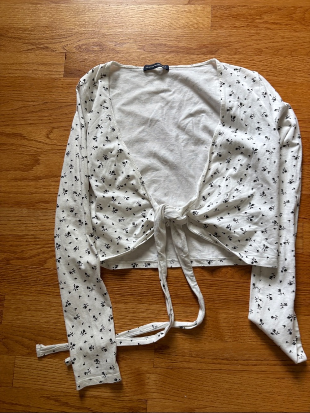 Tied Front Floral Brandy Melville Crop Top - White with Black Print